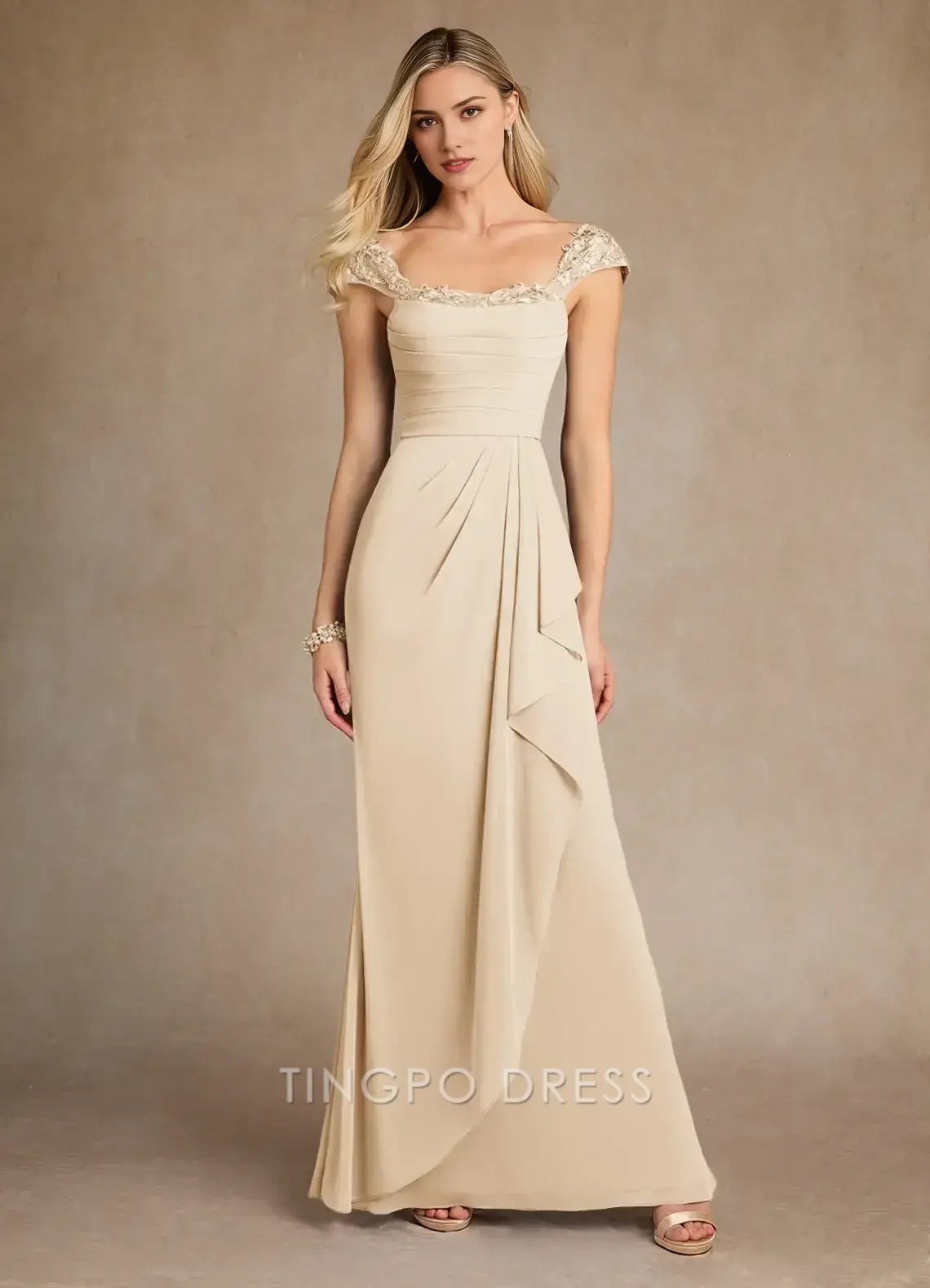 TingPo Wholesale Elegant Square - Neck Maxi Dress with Embroidered Cap Sleeves Ruched Bodice and Asymmetric Ruffle Detail for Formal Events
